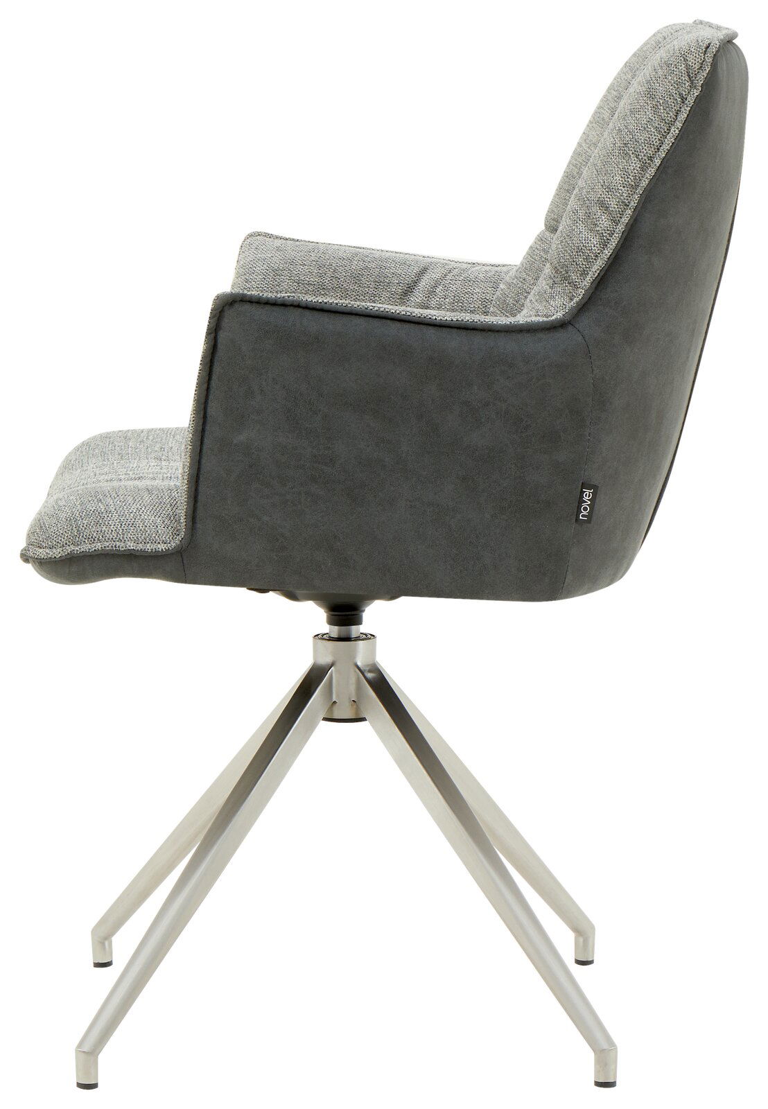 Moderner Sessel mit grauem Stoffbezug und Metallgestell, Seitenansicht.