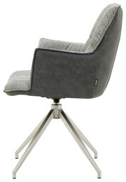 Moderner Sessel mit grauem Stoffbezug und Metallgestell, Seitenansicht.