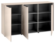 Modernes Sideboard/Schrank in Beige mit dunkelgrauen Innenfächern, drei Türen geöffnet und mehreren Regalböden sichtbar, Produktansicht schräg von vorne.