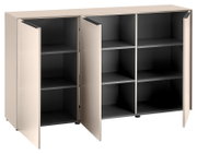 Modernes Sideboard/Schrank in Beige mit dunkelgrauen Innenfächern, drei Türen geöffnet und mehreren Regalböden sichtbar, Produktansicht schräg von vorne.