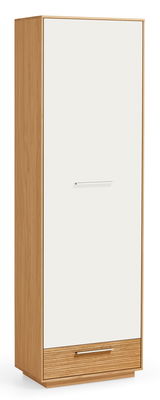 Moderner Dielenschrank aus Holz mit weißer Tür und Schublade, seitliche Perspektive