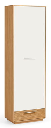 Moderner Dielenschrank aus Holz mit weißer Tür und Schublade, seitliche Perspektive