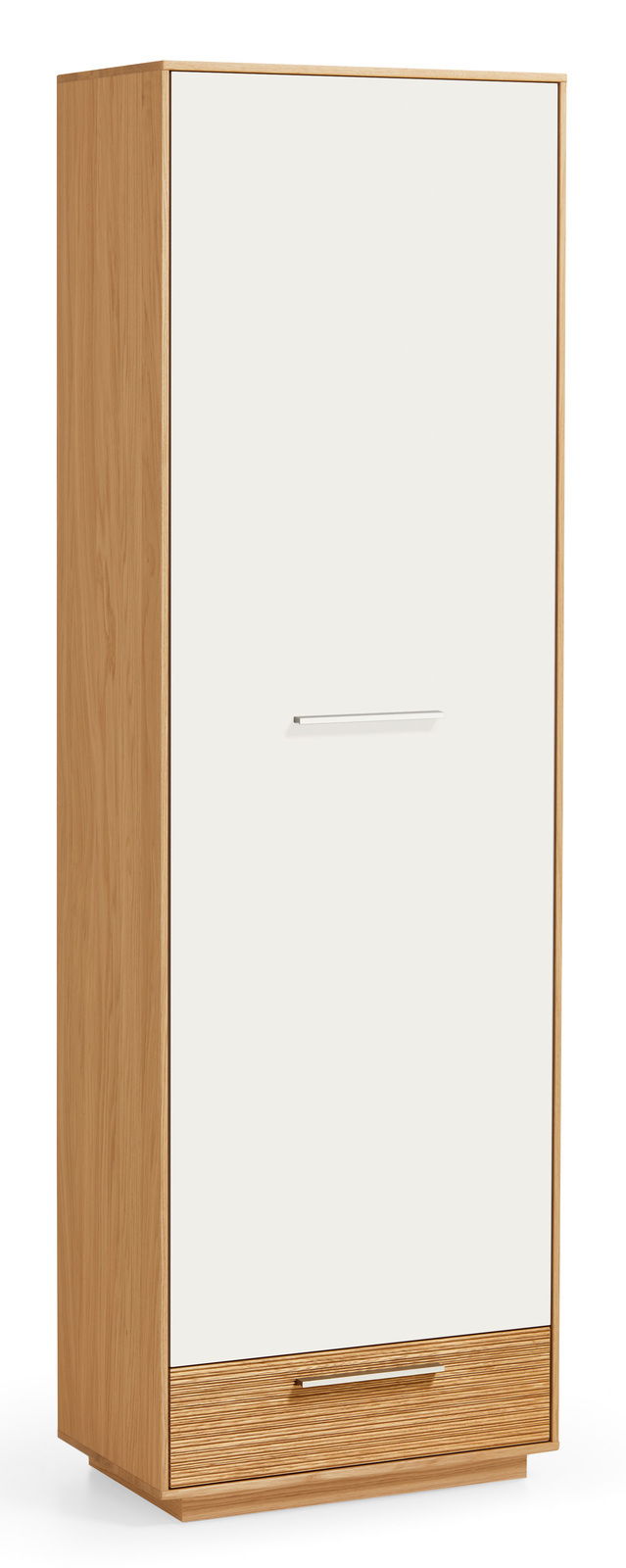 Moderner Dielenschrank aus Holz mit weißer Tür und Schublade, seitliche Perspektive