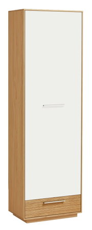 Moderner Dielenschrank aus Holz mit weißer Tür und Schublade, seitliche Perspektive