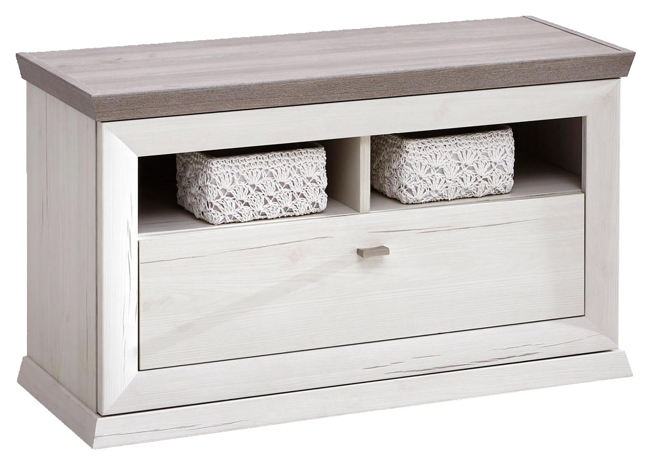 Hom´in Bank CAMRON Holzbank mit Stauraum, zwei offenen Fächern mit geflochtenen Körben und einer Schublade, seitliche Perspektive