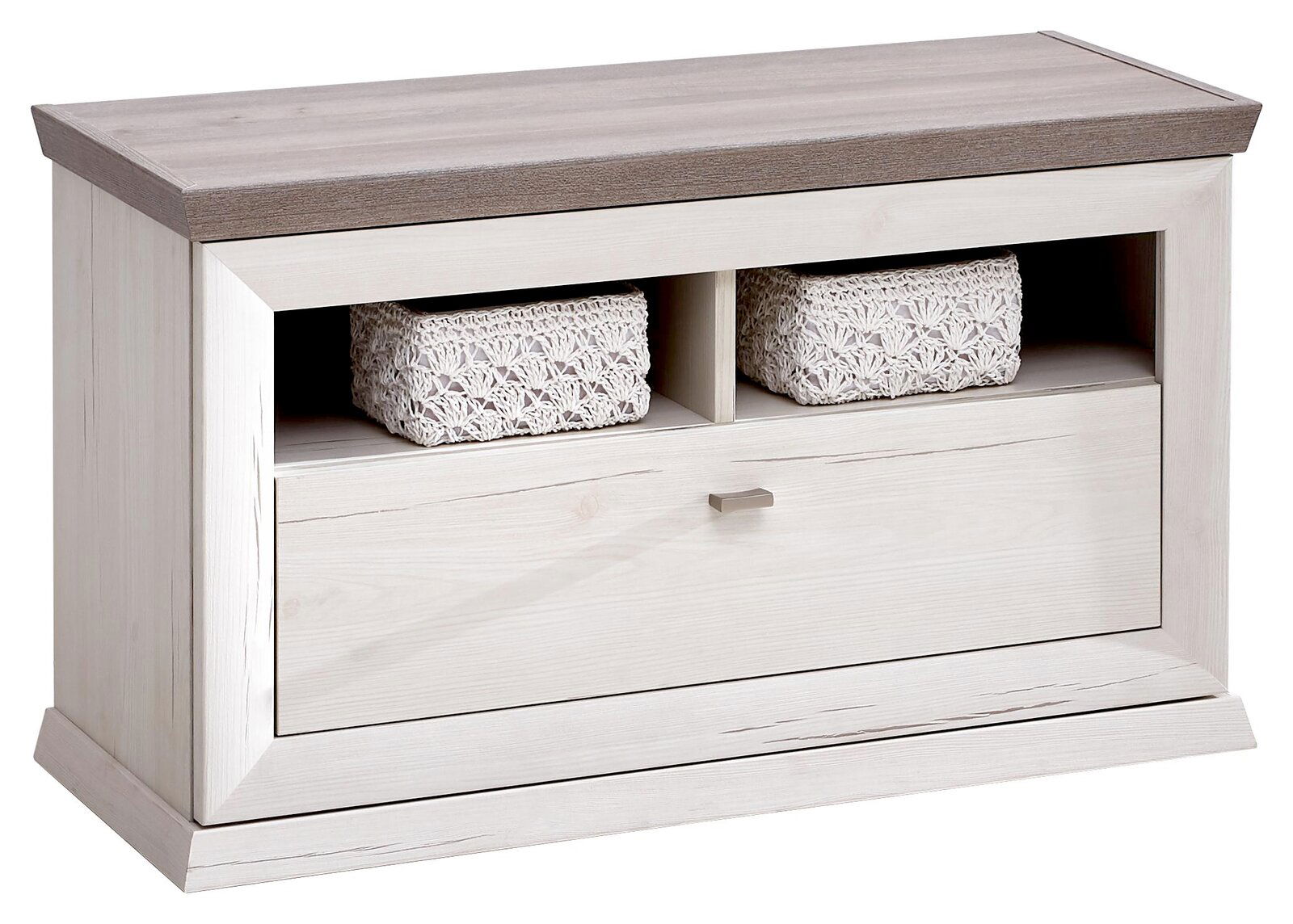 Hom´in Bank CAMRON Holzbank mit Stauraum, zwei offenen Fächern mit geflochtenen Körben und einer Schublade, seitliche Perspektive