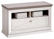 Holzbank mit Stauraum, zwei offenen Fächern mit geflochtenen Körben und einer Schublade, seitliche Perspektive