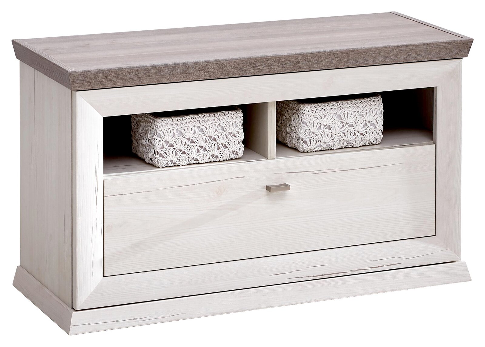 Holzbank mit Stauraum, zwei offenen Fächern mit geflochtenen Körben und einer Schublade, seitliche Perspektive