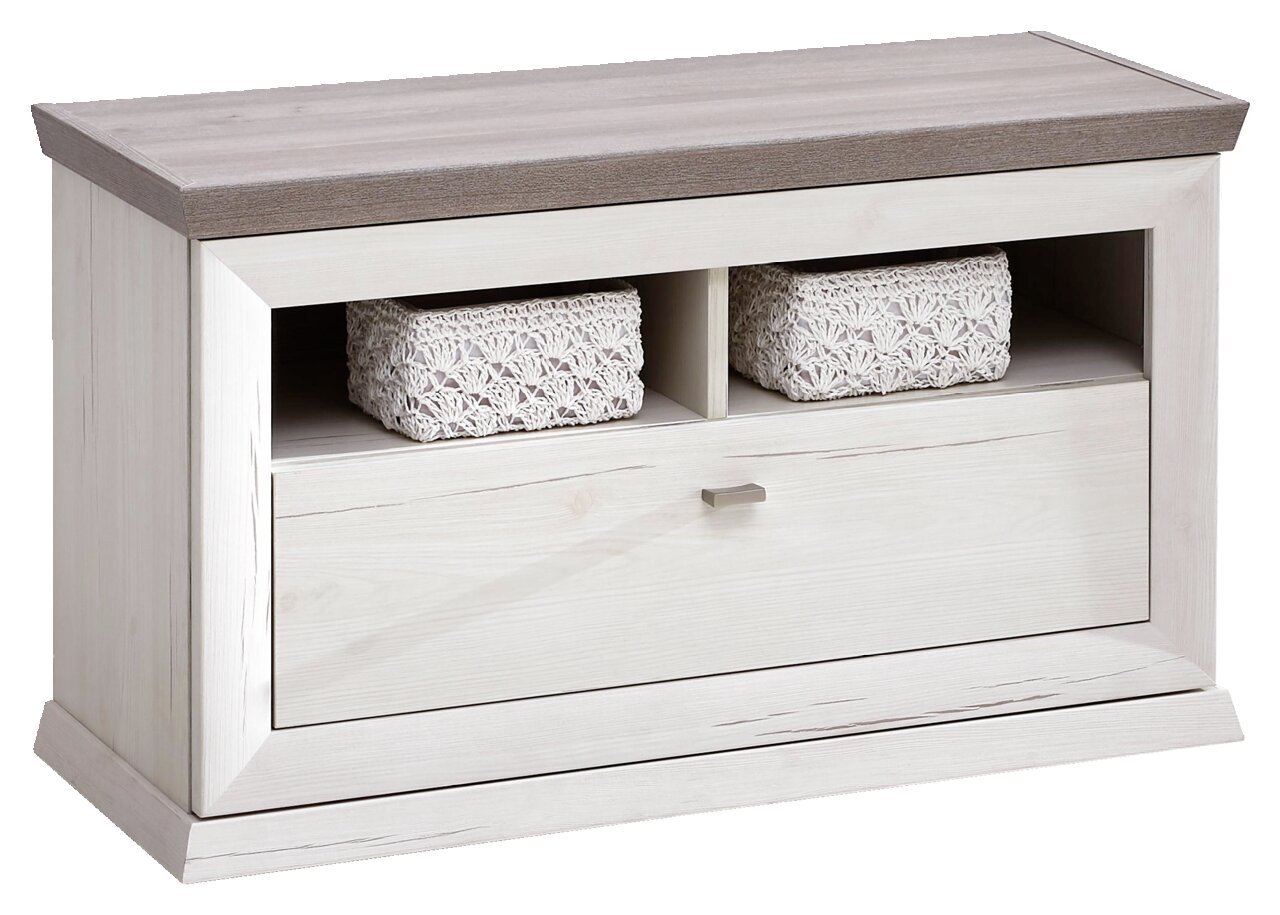 Hom´in Bank CAMRON Holzbank mit Stauraum, zwei offenen Fächern mit geflochtenen Körben und einer Schublade, seitliche Perspektive