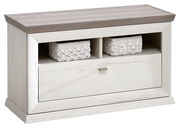 Holzbank mit Stauraum, zwei offenen Fächern mit geflochtenen Körben und einer Schublade, seitliche Perspektive