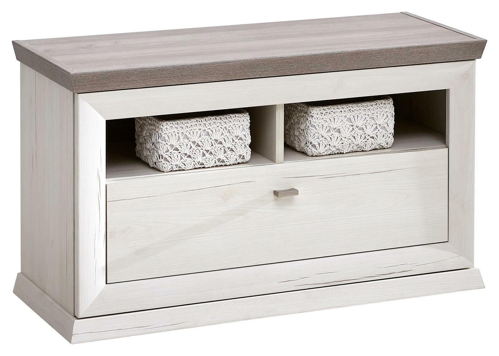 Holzbank mit Stauraum, zwei offenen Fächern mit geflochtenen Körben und einer Schublade, seitliche Perspektive