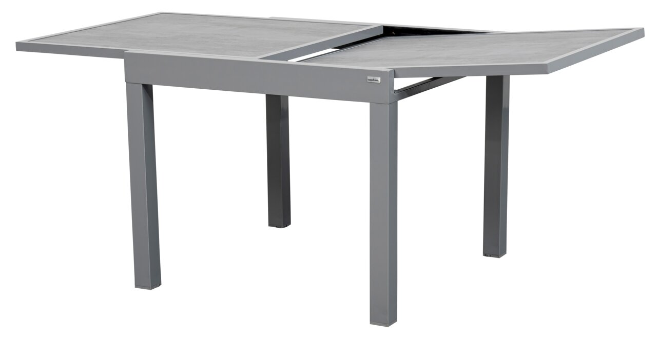 Moderner grauer Gartentisch mit ausziehbarer Tischplatte, seitliche Perspektive