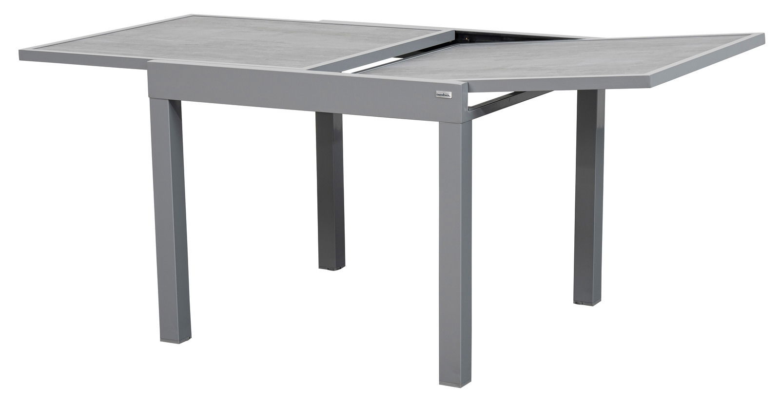 Moderner grauer Gartentisch mit ausziehbarer Tischplatte, seitliche Perspektive