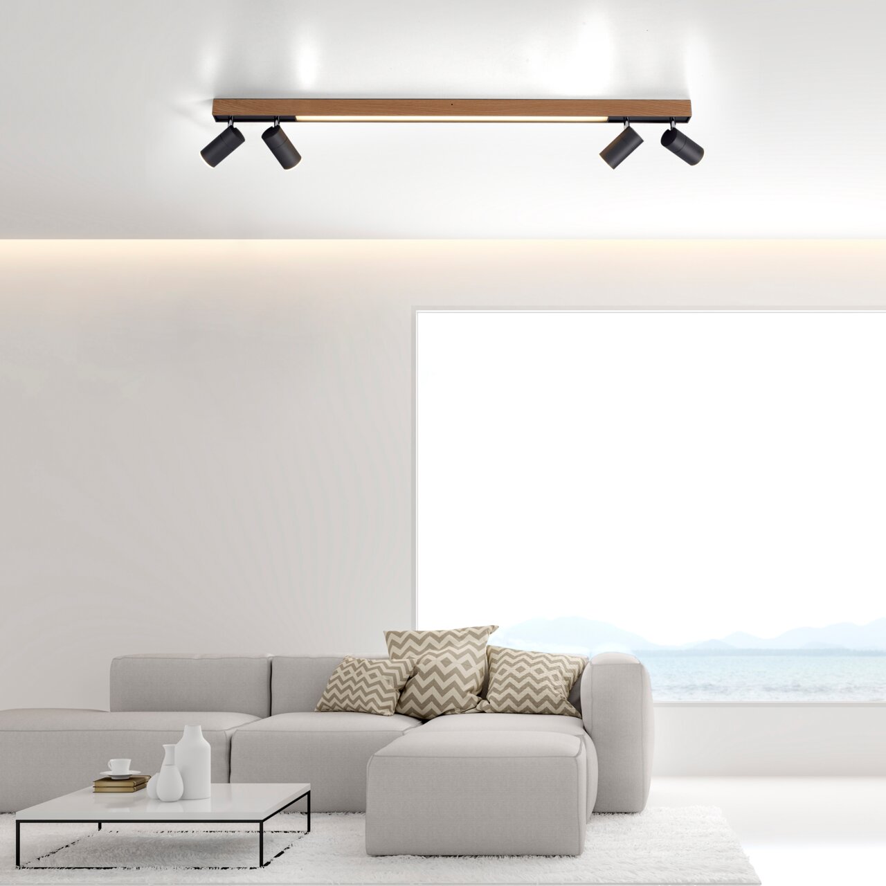 Neuhaus Pure Plafondlamp PURE-LINES Moderne Deckenleuchte PURE-LINES mit vier verstellbaren Strahlern in einem stilvollen Wohnzimmer, seitliche Perspektive.