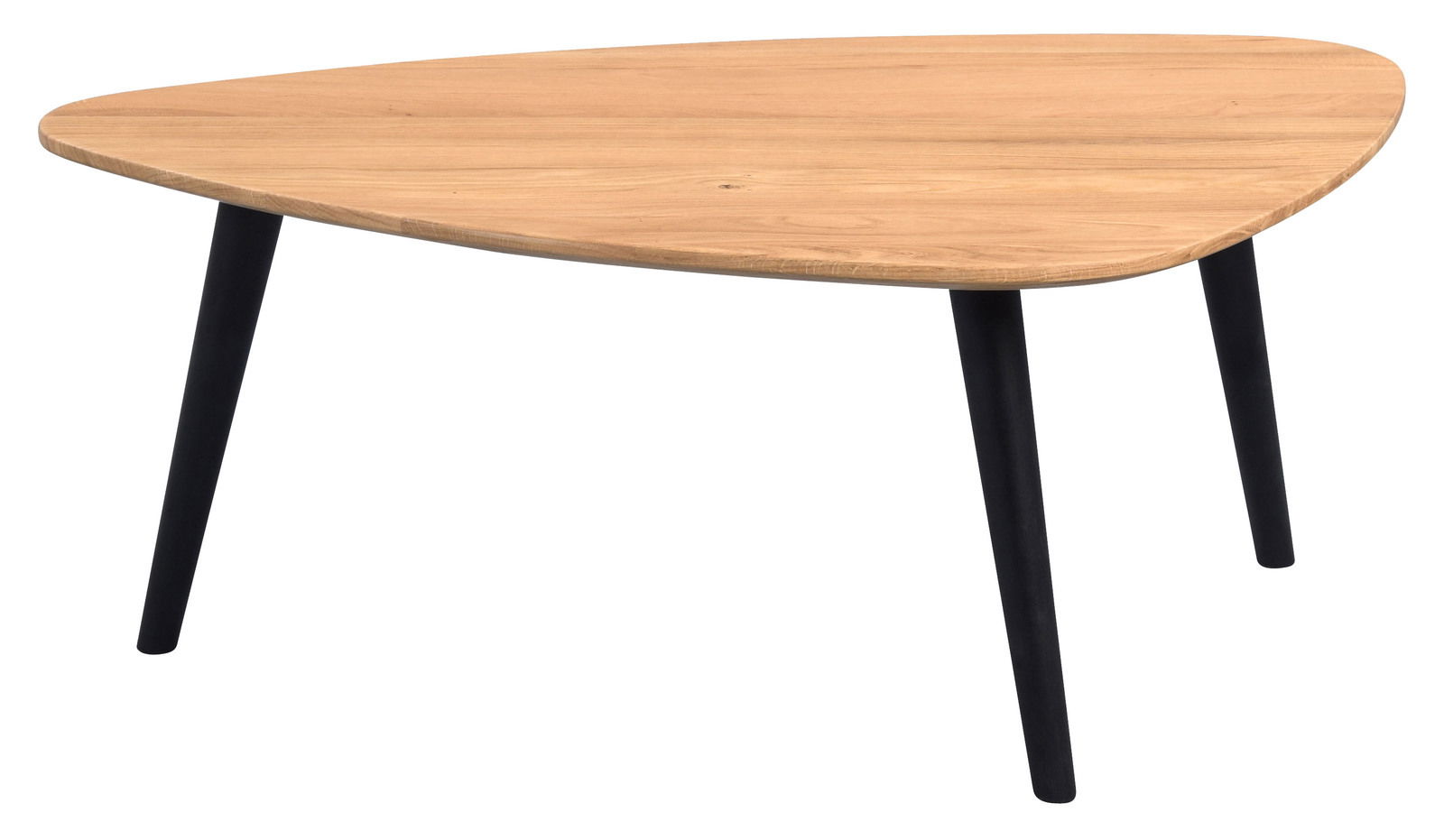Moderner Couchtisch mit dreieckiger Holzplatte und schwarzen Beinen, seitliche Perspektive