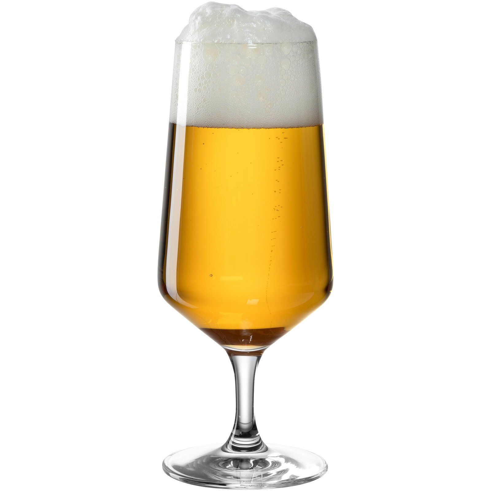 Bierglas mit Schaumkrone, gefüllt mit goldenem Bier, seitliche Ansicht