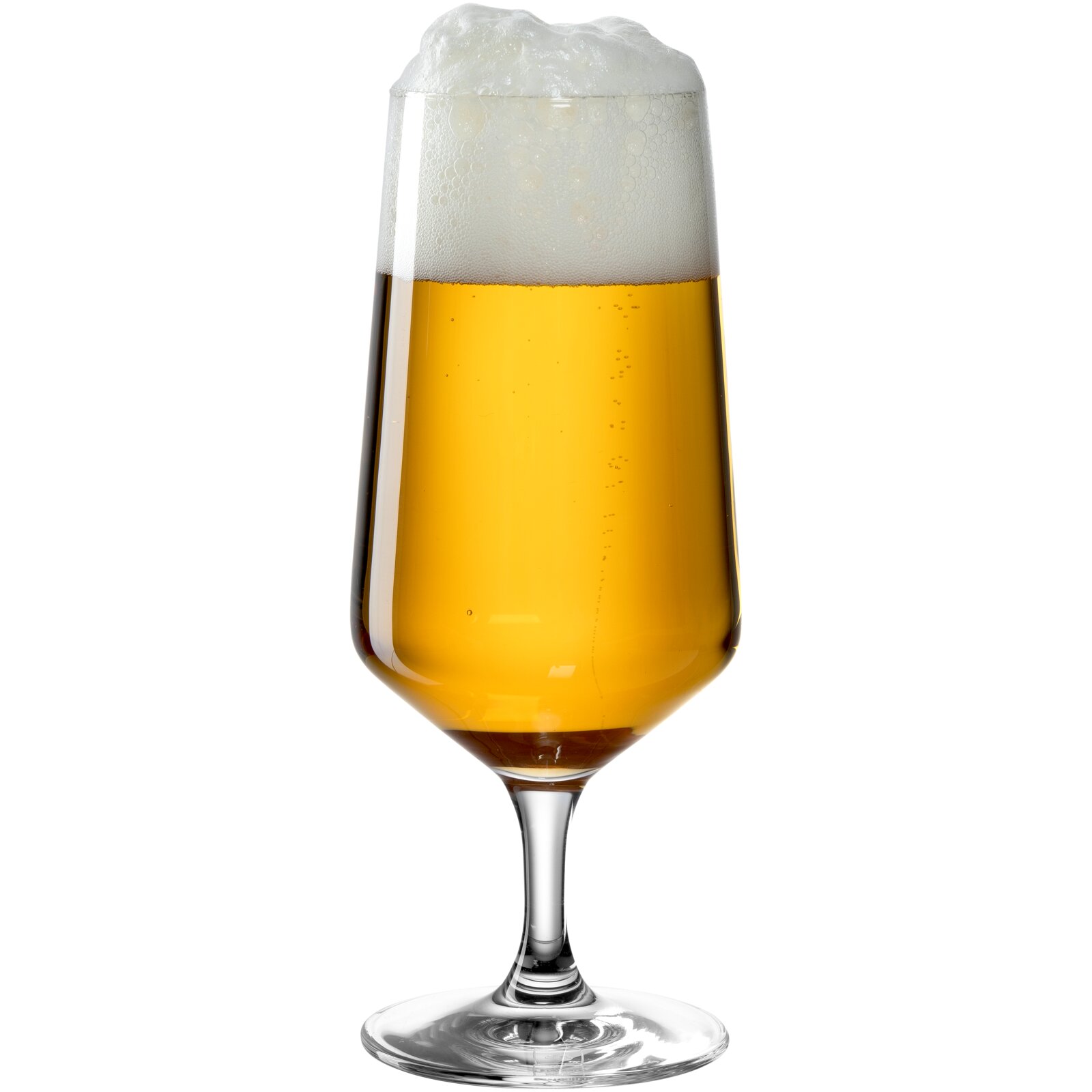 Bierglas met schuimkraag, gevuld met goudkleurig bier, zijaanzicht