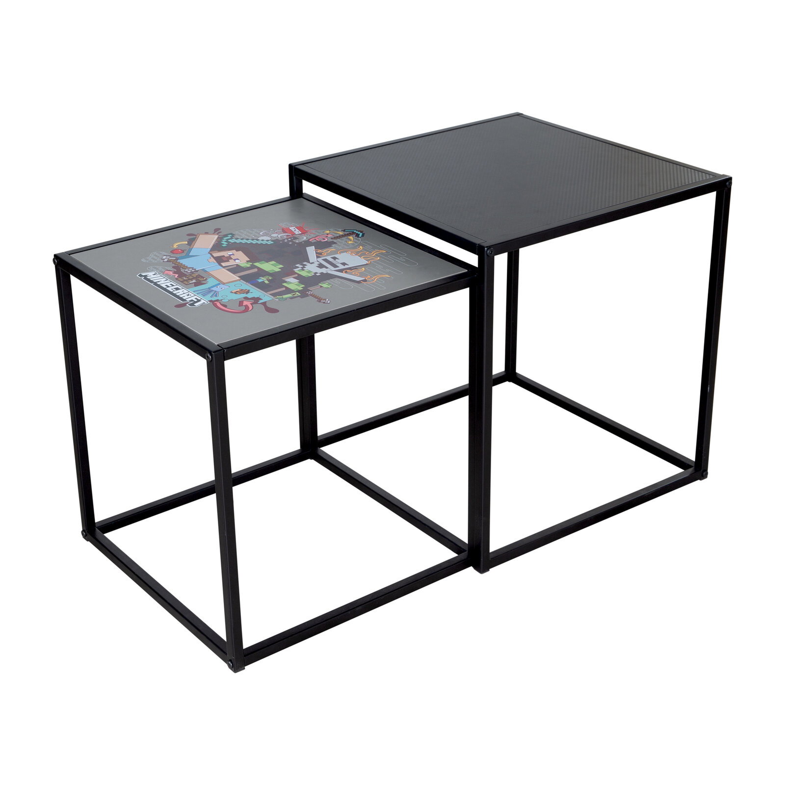 Zwei ineinander schiebbare, quadratische Beistelltische im Set mit schwarzem Metallgestell; ein Tisch mit Minecraft-Motiv auf der Platte, Ansicht schräg von vorne/oben.