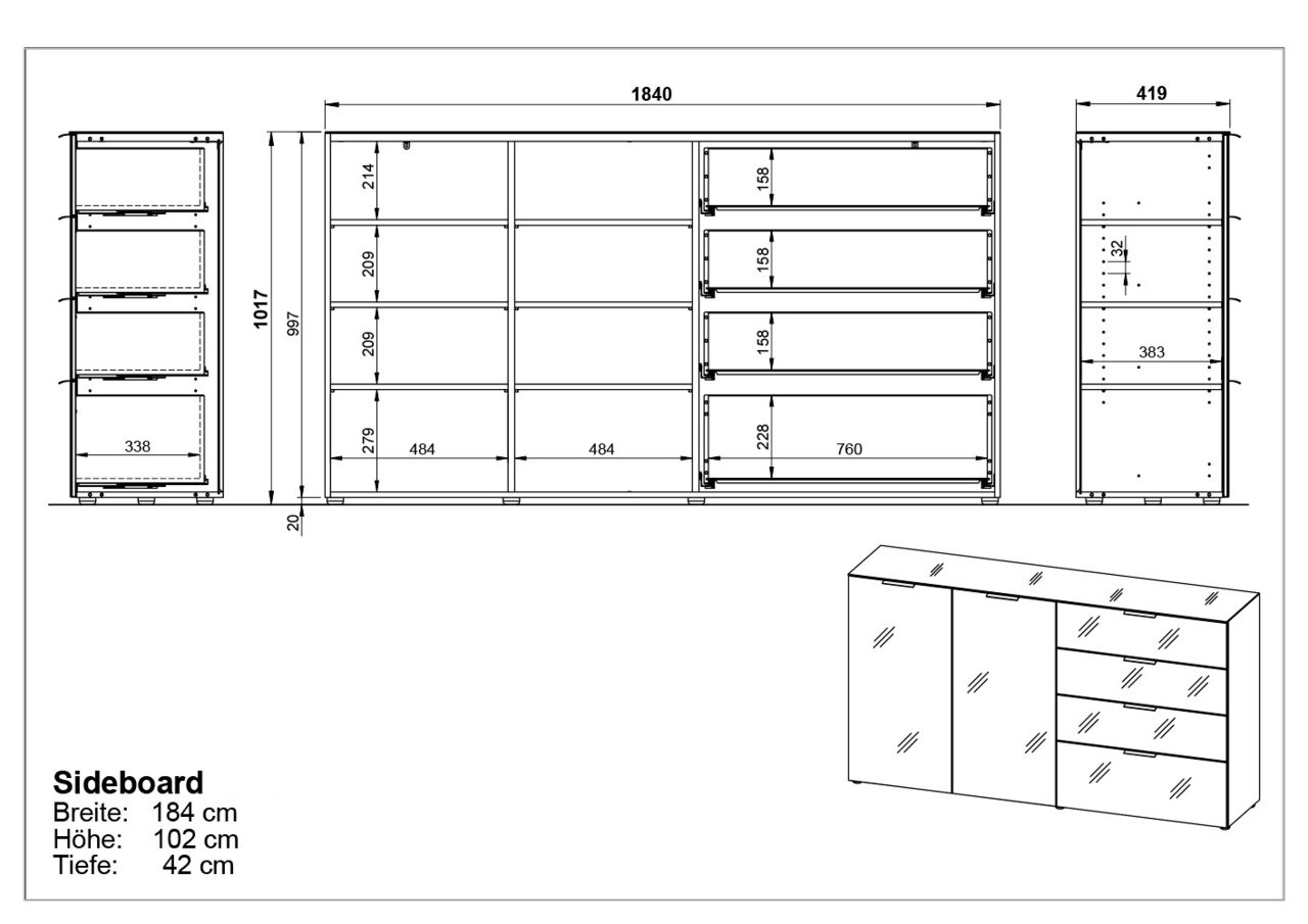 Technische Zeichnung eines XL-Sideboards mit den Maßen 184 cm Breite, 102 cm Höhe und 42 cm Tiefe, Frontansicht und Seitenansicht.