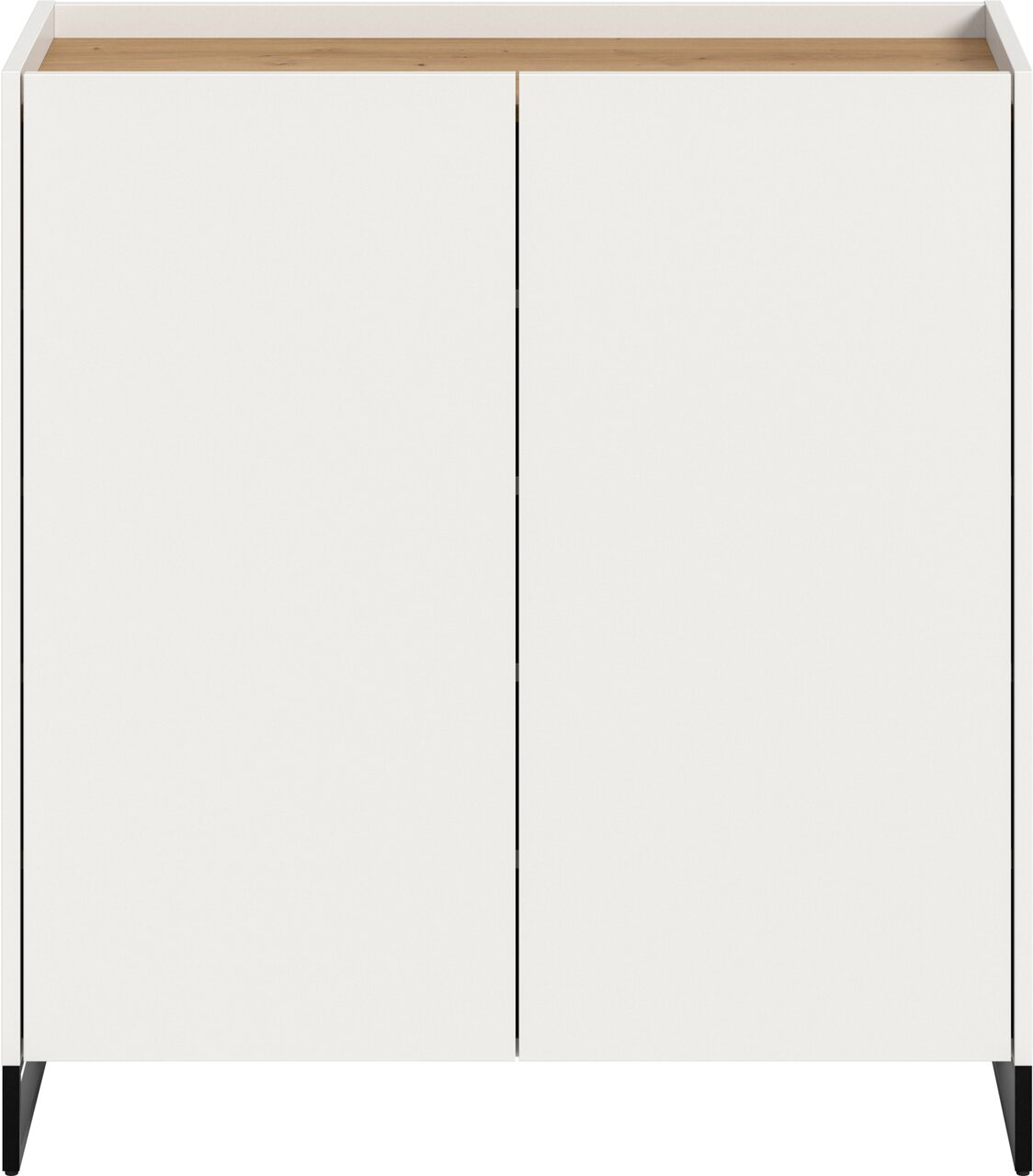 Modernes Sideboard/Schrank mit zwei weißen, grifflosen Türen, Holzoptik-Oberplatte und schwarzen schrägen Füßen, frontal von vorne aufgenommen.