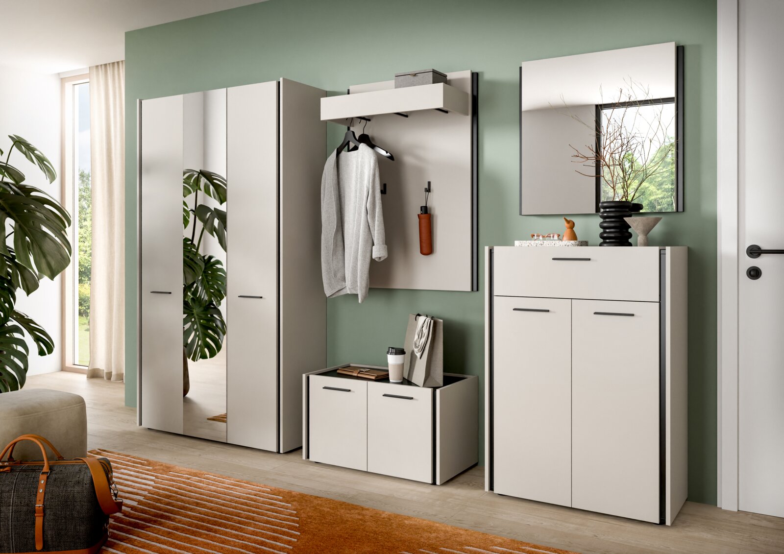 MID.YOU Garderobenkombination EMIL Modernes Flur-Garderobenmöbel-Set in Weiß mit schwarzen Griffen: Kleiderschrank mit Spiegel, Wandgarderobe mit Hutablage und Haken, Sitzbank/Schuhschrank sowie Kommode mit Spiegel, gezeigt in leichter Schrägansicht von vorn.