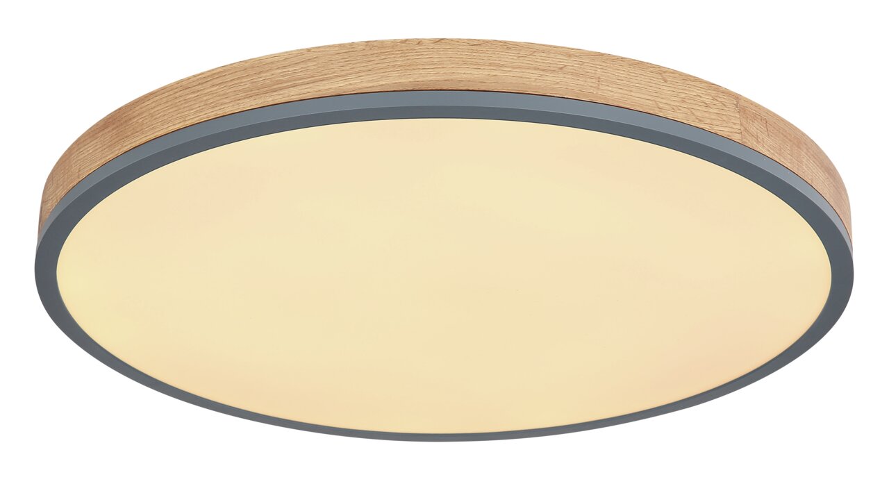 Runde Deckenleuchte DORO mit Holzrahmen und warmweißer Lichtabdeckung, seitliche Perspektive