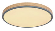Ronde plafondlamp DORO met houten frame en warmwitte lichtkap, zijaanzicht