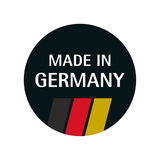 Rundes Logo mit der Aufschrift 'Made in Germany' und den Farben Schwarz, Rot, Gold, Vorderansicht