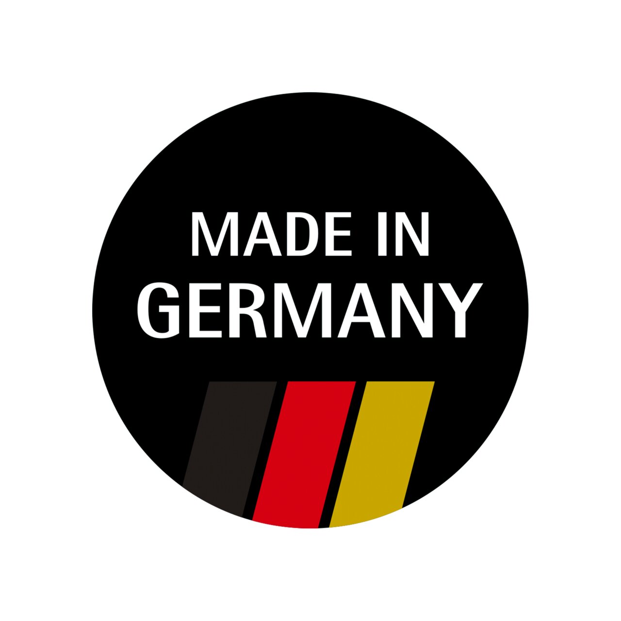 Rundes Logo mit der Aufschrift 'Made in Germany' und den Farben Schwarz, Rot, Gold, Vorderansicht
