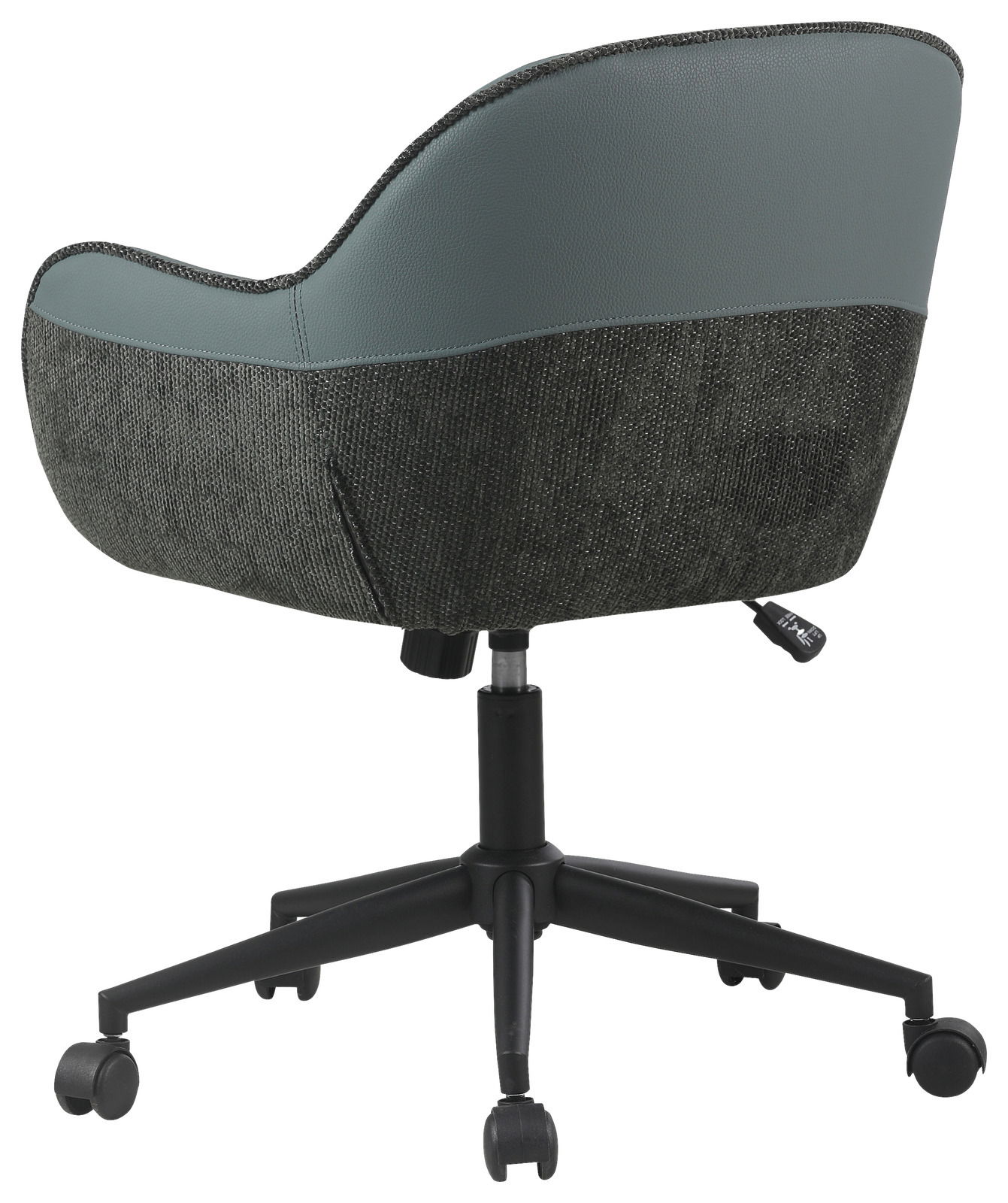 Rückansicht eines modernen Drehstuhls mit gepolsterter Rückenlehne und Rollen