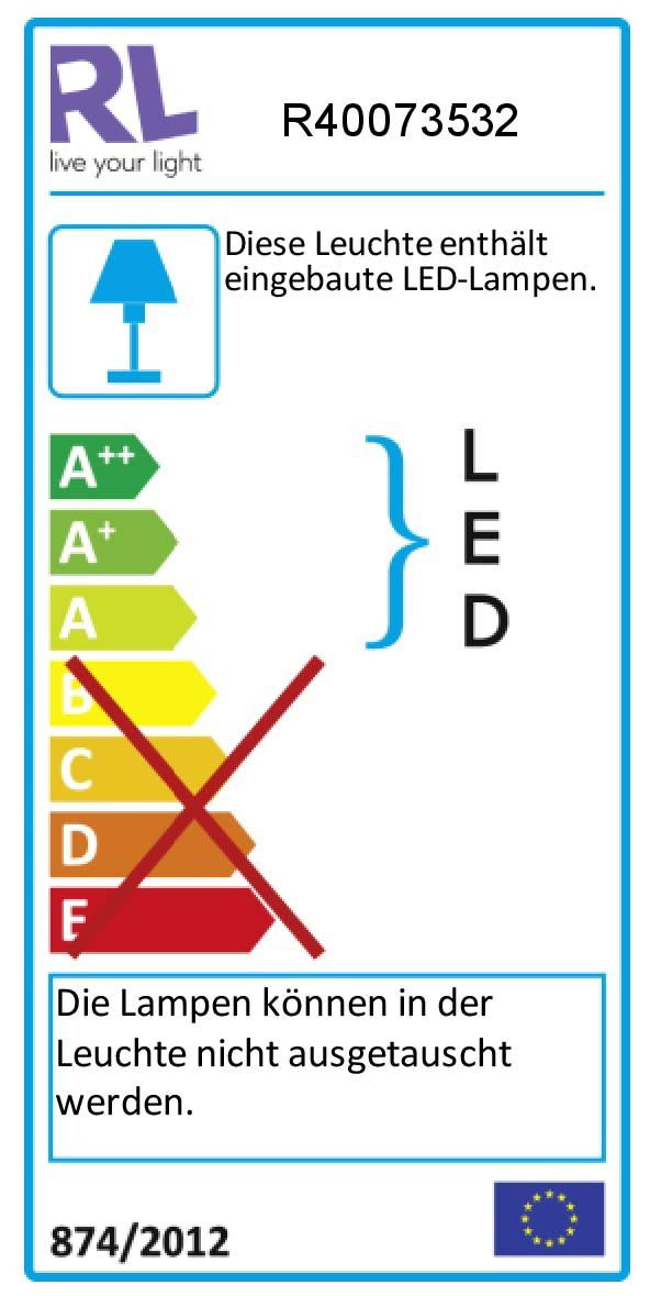 Energieeffizienz-Label für die Stehleuchte Orson mit eingebauten LED-Lampen, nicht austauschbar, Energieklasse A++ bis A, Vorderansicht.