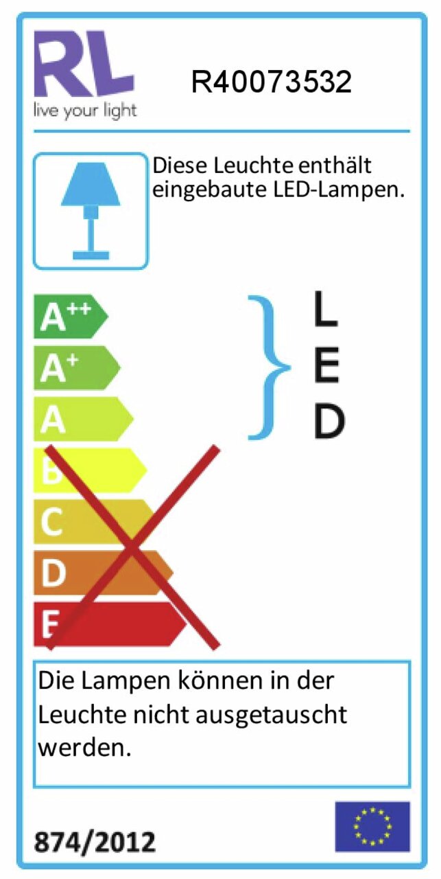 Energieeffizienz-Label für die Stehleuchte Orson mit eingebauten LED-Lampen, nicht austauschbar, Energieklasse A++ bis A, Vorderansicht.
