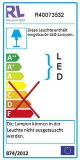 Energieeffizienz-Label für die Stehleuchte Orson mit eingebauten LED-Lampen, nicht austauschbar, Energieklasse A++ bis A, Vorderansicht.