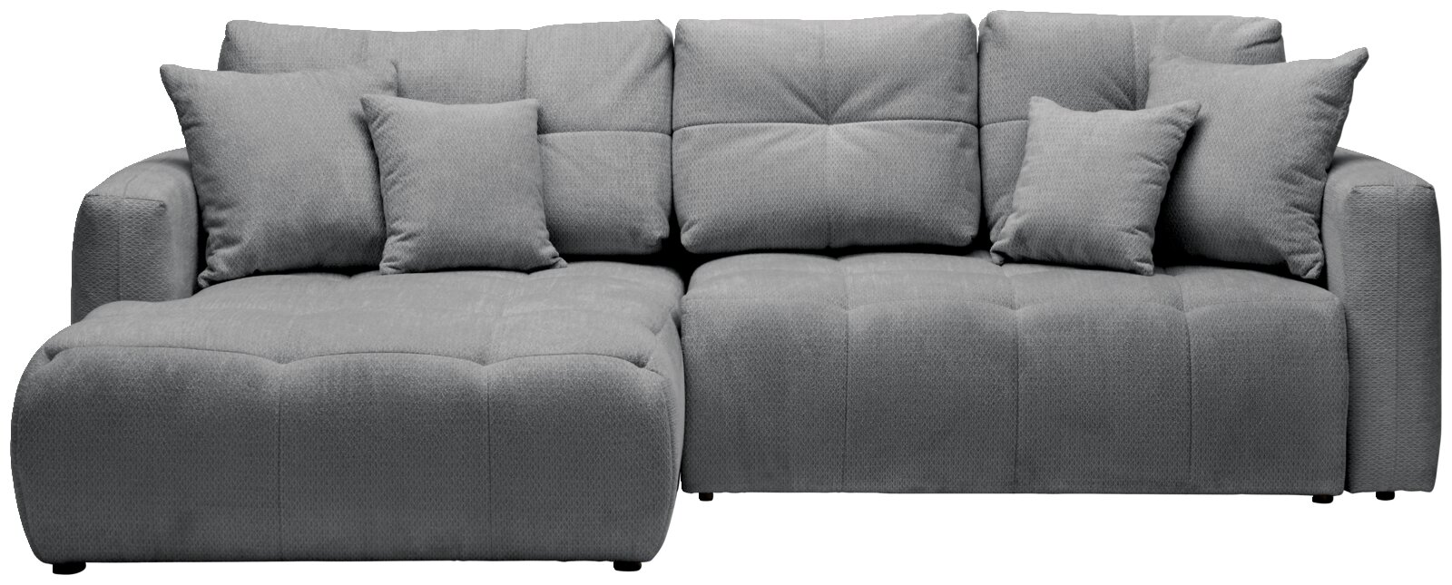 Graues Ecksofa mit mehreren Kissen, Vorderansicht