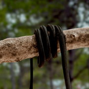 Nahaufnahme in Seitenansicht: schwarzes, geflochtenes Seil mehrfach um einen hellen Holzast gewickelt, unscharfer Waldhintergrund.