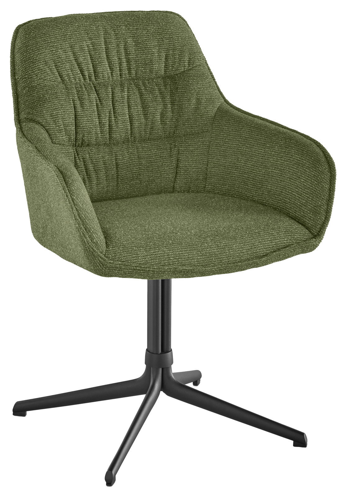 Grüner Armlehnstuhl mit gepolsterter Sitzfläche und Rückenlehne, auf schwarzem Drehgestell. Frontalansicht.