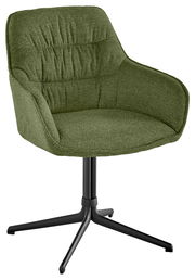 Grüner Armlehnstuhl mit gepolsterter Sitzfläche und Rückenlehne, auf schwarzem Drehgestell. Frontalansicht.