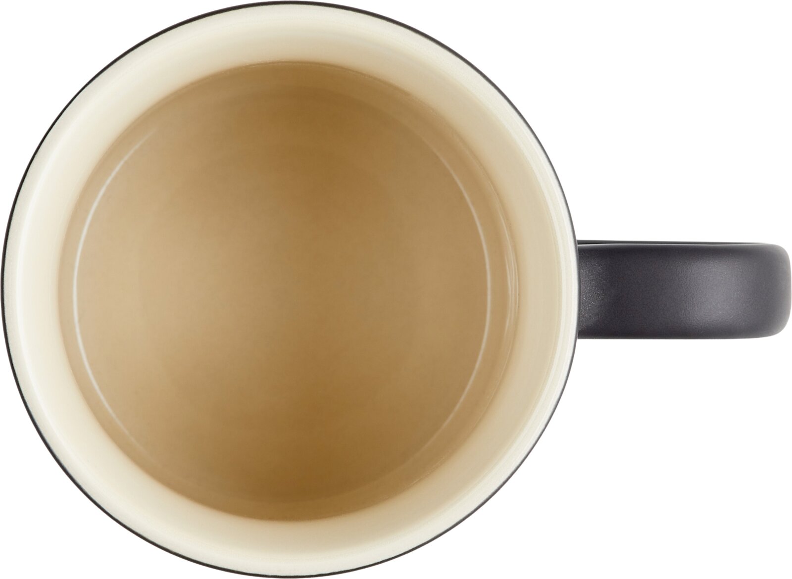 LE CREUSET Kaffeebecher Seattle Cremefarbene Tasse mit dunklem Rand und schwarzem Henkel, in direkter Draufsicht vor weißem Hintergrund