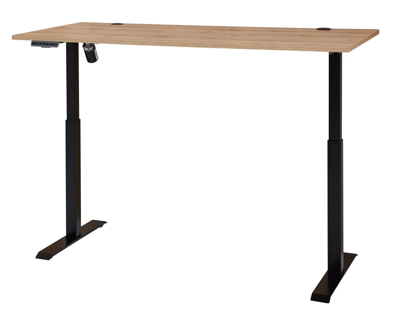 Elektrisch höhenverstellbarer Schreibtisch aus Melamin mit schwarzem Gestell, seitliche Perspektive