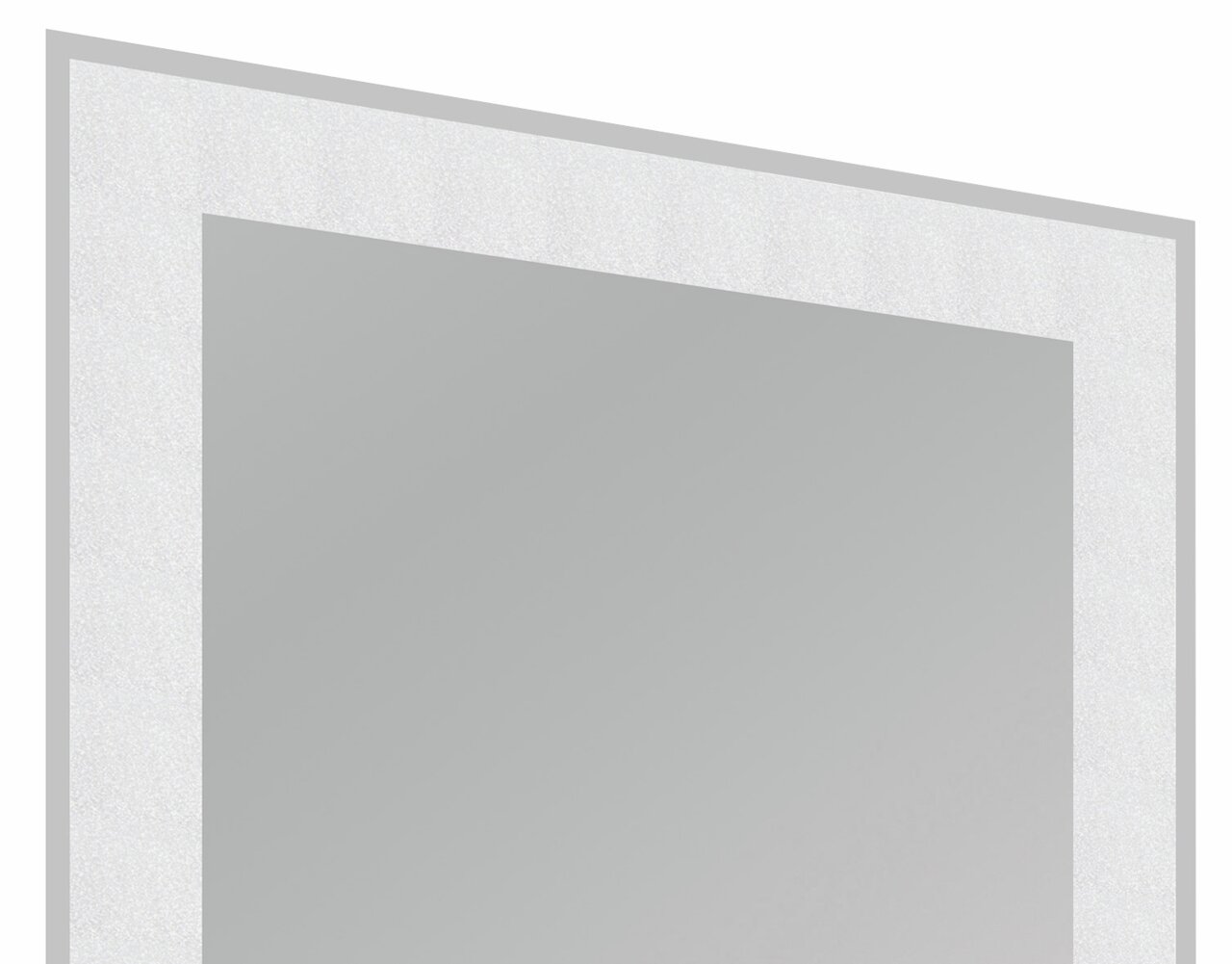 Nahaufnahme eines rechteckigen Spiegels mit silbernem Rahmen, perspektivisch von der Seite aufgenommen.