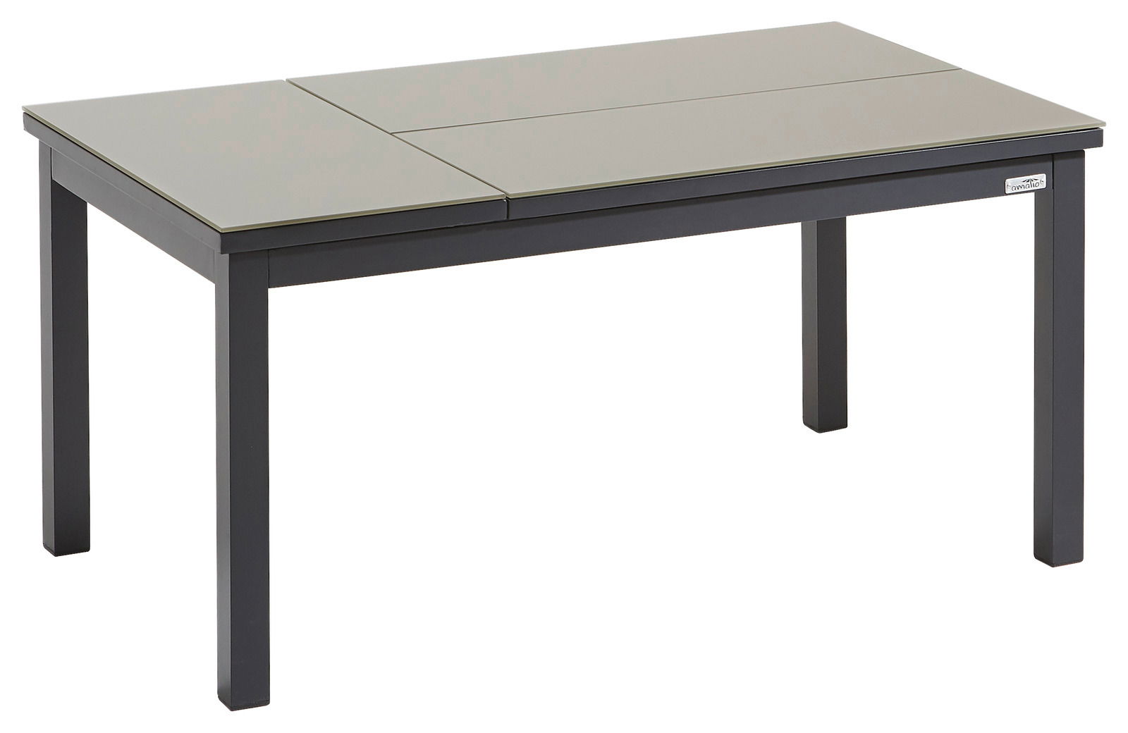 Moderner Loungetisch mit grauer Tischplatte und schwarzem Gestell, seitliche Perspektive.