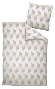 Bettwäsche-Set mit geometrischem Muster in Beige- und Weißtönen, bestehend aus einem Kissenbezug und einem Deckenbezug, aus der Vogelperspektive fotografiert.