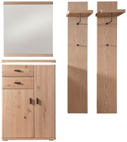 Garderobenkombination aus Holz, bestehend aus einem Spiegel, einem Schrank mit Schubladen und zwei Wandpaneelen mit Haken, frontal abgebildet.
