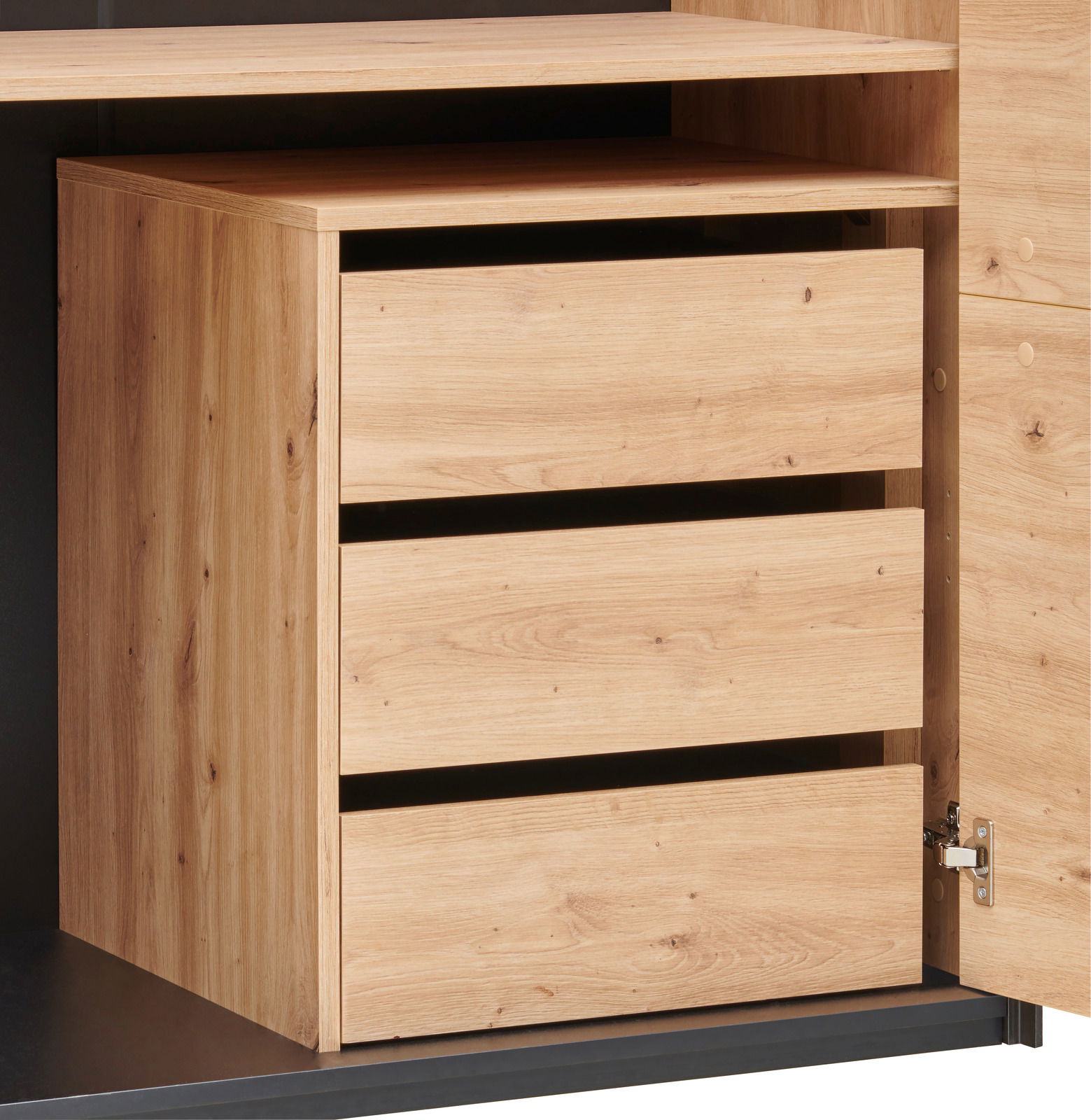 Schubladen-Container aus Holz mit drei Schubladen, seitliche Perspektive