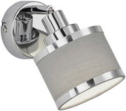 Moderner Wandstrahler mit verchromtem Finish und grauem Lampenschirm, seitliche Perspektive