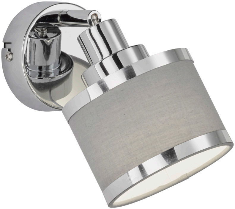 Moderner Wandstrahler mit verchromtem Finish und grauem Lampenschirm, seitliche Perspektive