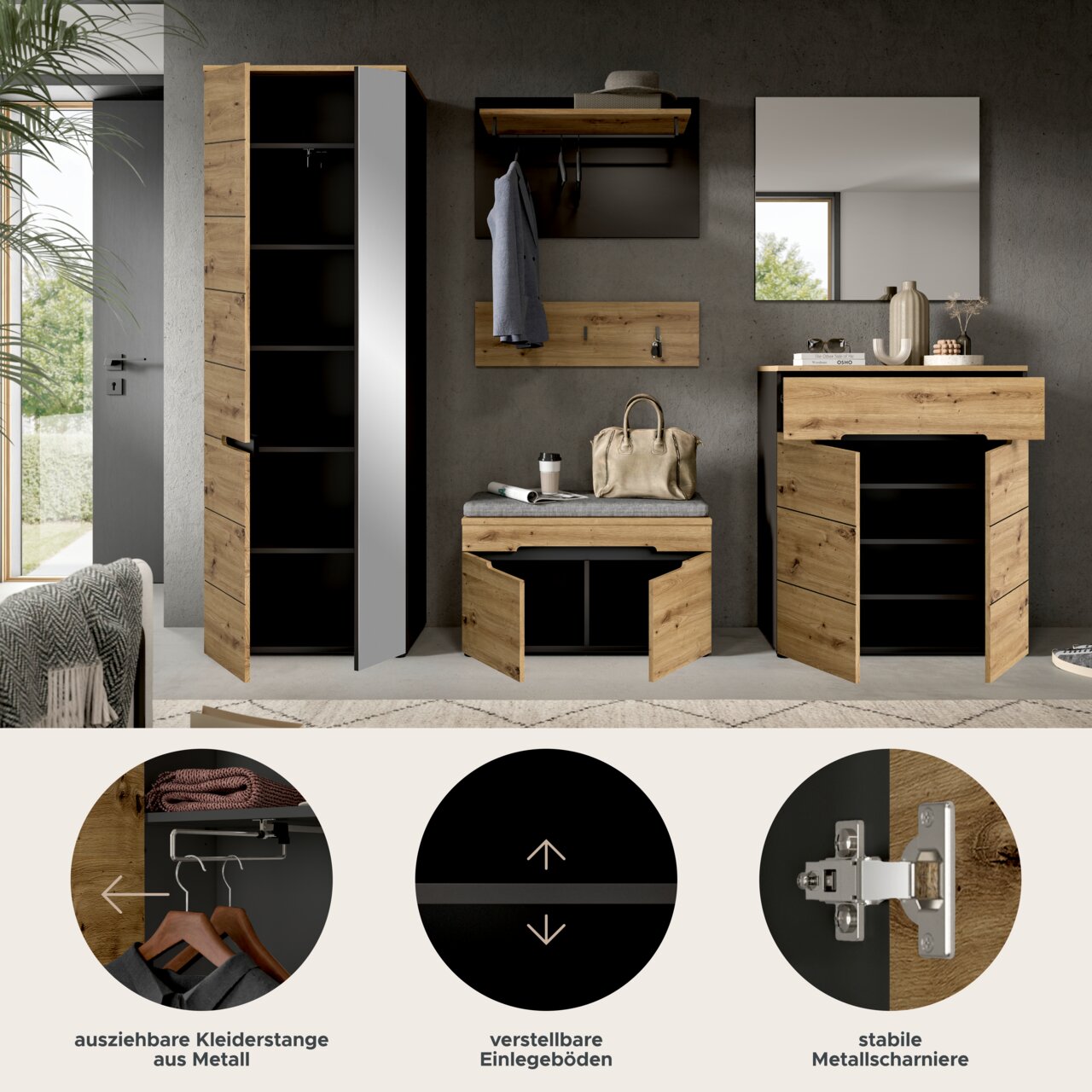 Moderne Garderobenmöbel im Flur: hoher Schrank, Sitzbank und Kommode in Holzoptik mit schwarzen Innenfächern und Spiegel, teils mit geöffneten Türen, Frontansicht.