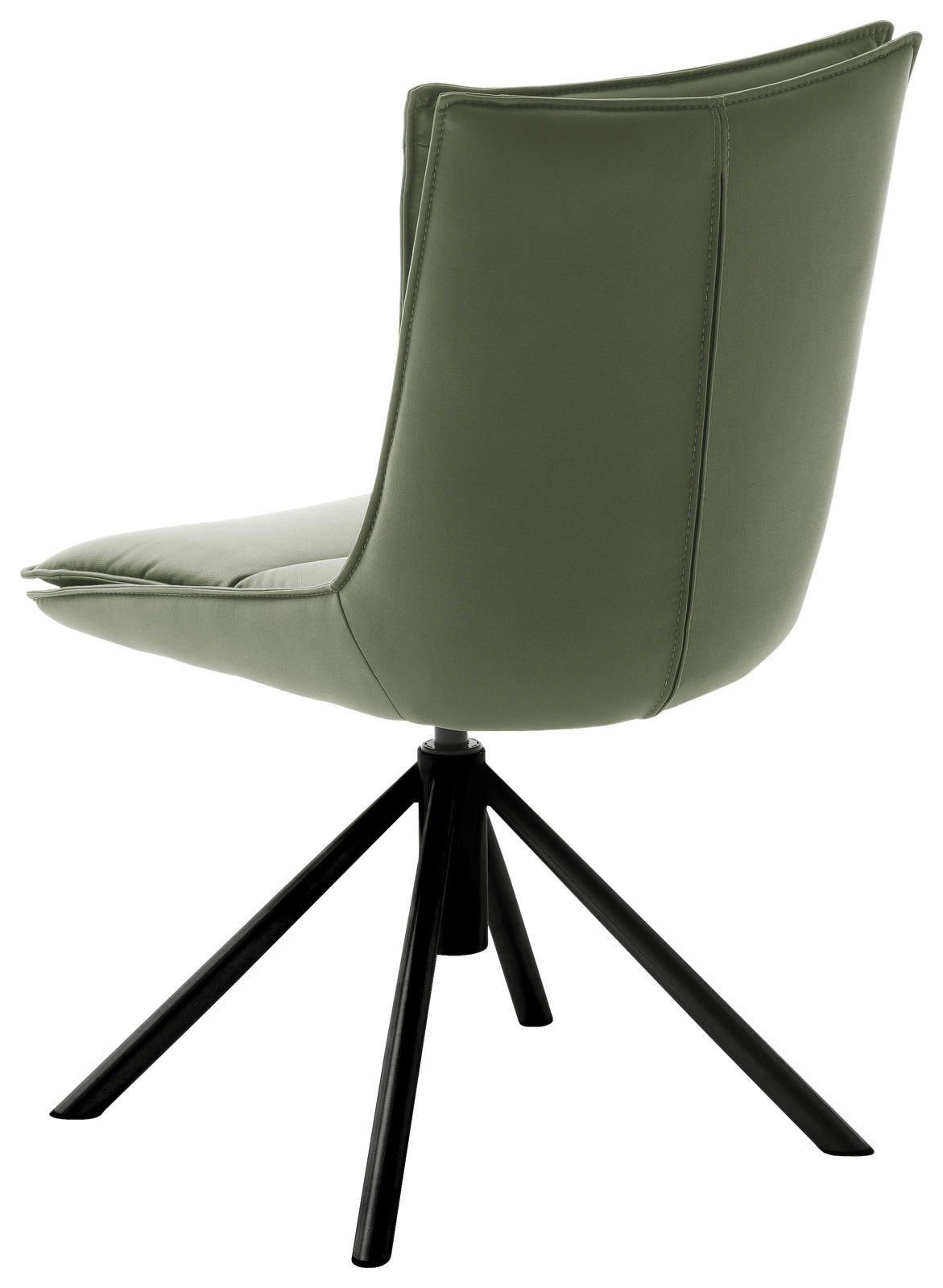 Rückansicht eines modernen, grünen Stuhls mit schwarzem Metallgestell und gepolsterter Rückenlehne.