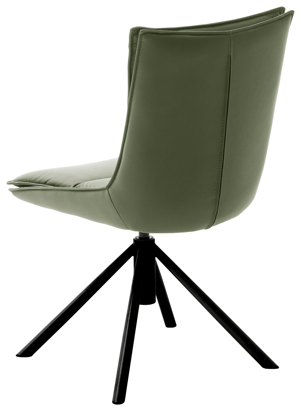 Rückansicht eines modernen, grünen Stuhls mit schwarzem Metallgestell und gepolsterter Rückenlehne.