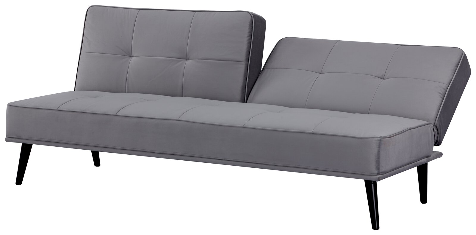 Graues Funktionssofa mit zwei verstellbaren Rückenlehnen, seitliche Perspektive